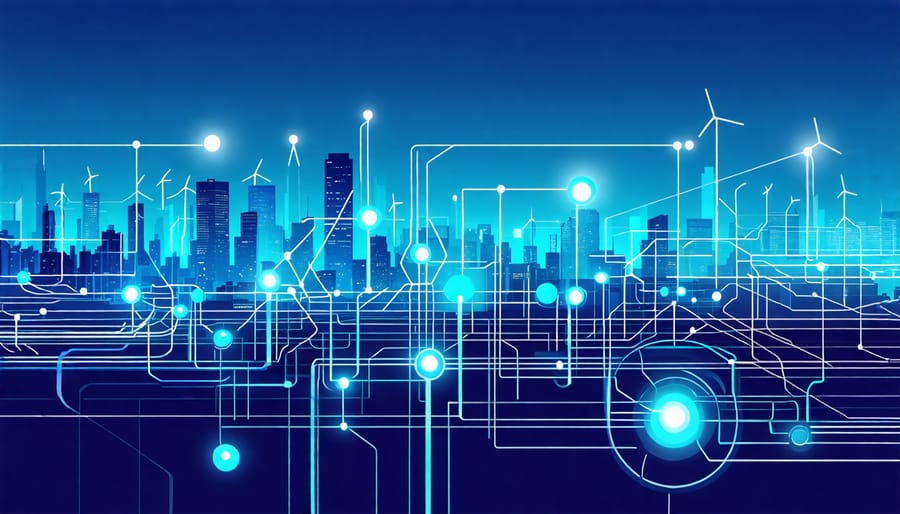 Illustration of smart grid technology with energy flow diagram in an urban environment