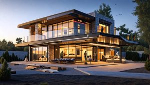 Builders and architects collaborating on integrating smart technology into a modern home construction, highlighting structured cabling and smart devices.