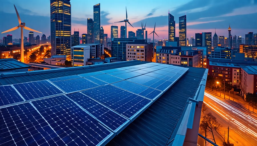 Futuristic cityscape at dusk with integrated solar panels and wind turbines, illustrating innovative renewable energy solutions in urban settings.