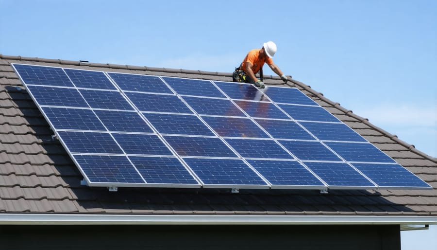 Technician installing solar panels on the roof of a building