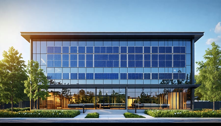 Sustainable architecture incorporating solar panels on a modern office building