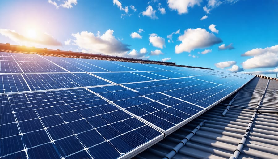 Building with solar panels on the roof as an example of renewable energy in construction