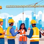 A conceptual illustration showing diverse stakeholders such as project managers, engineers, community members, and regulators interacting collaboratively on a construction site, with digital tools like tablets symbolizing communication and engagement.