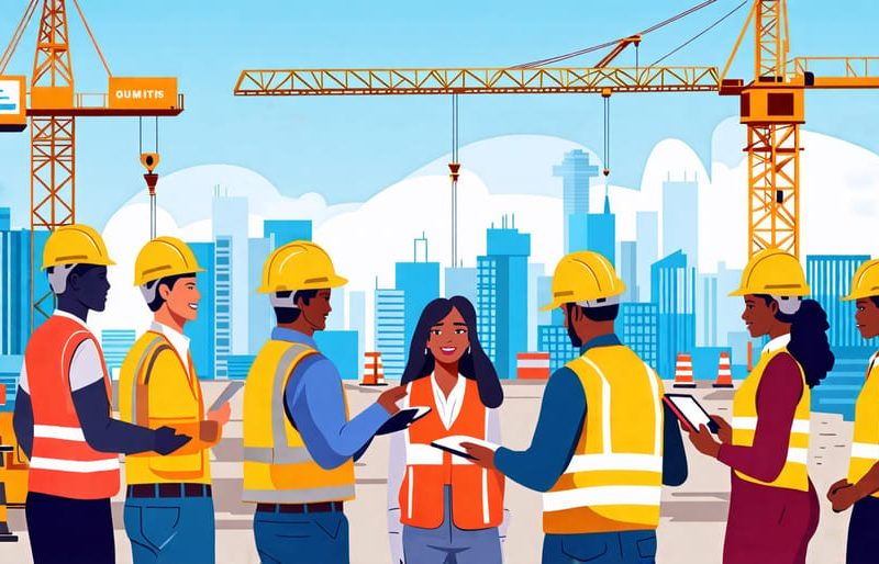 A conceptual illustration showing diverse stakeholders such as project managers, engineers, community members, and regulators interacting collaboratively on a construction site, with digital tools like tablets symbolizing communication and engagement.