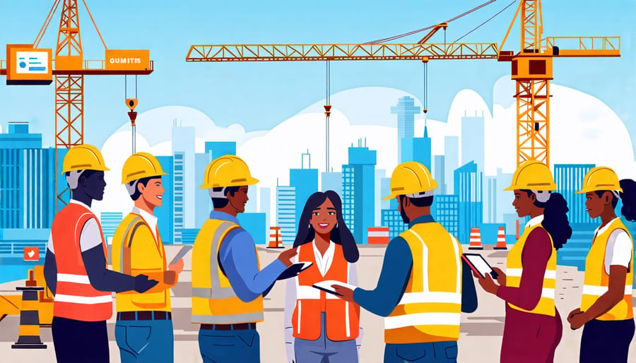 A conceptual illustration showing diverse stakeholders such as project managers, engineers, community members, and regulators interacting collaboratively on a construction site, with digital tools like tablets symbolizing communication and engagement.