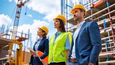 Diverse professionals collaborating on a construction site, representing strategic financing approaches for construction projects.