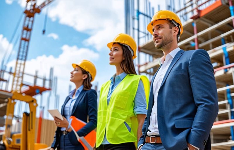 Diverse professionals collaborating on a construction site, representing strategic financing approaches for construction projects.