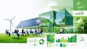 A montage showcasing various sustainability careers, including modern green architecture, solar energy, wind turbines, corporate sustainability meetings, and eco-friendly product design.