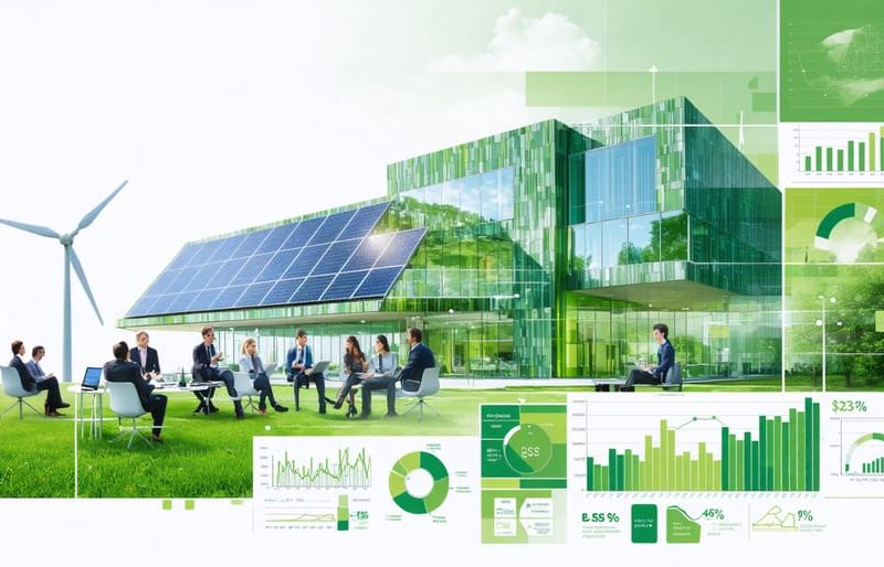 A montage showcasing various sustainability careers, including modern green architecture, solar energy, wind turbines, corporate sustainability meetings, and eco-friendly product design.