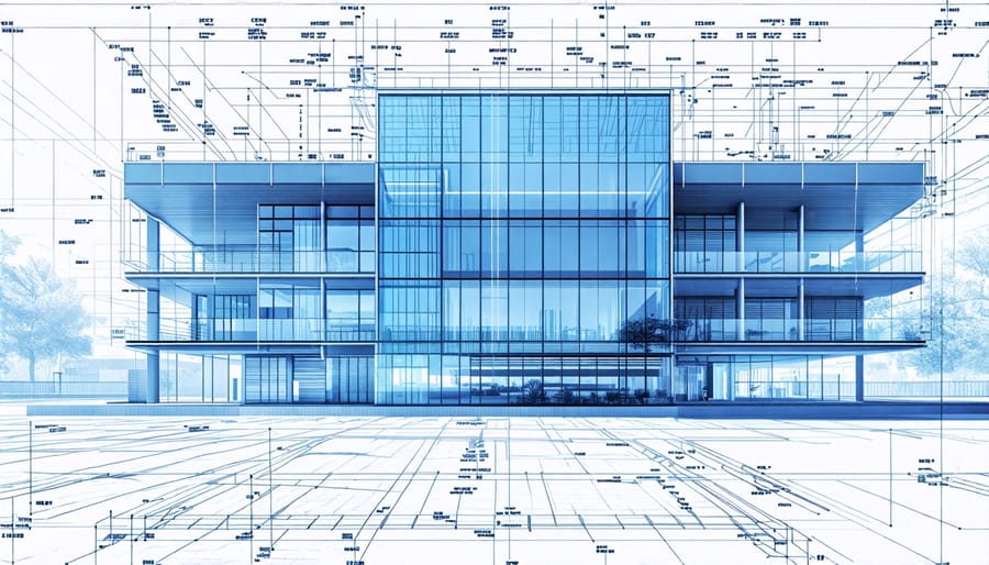 Digital blueprint showcasing a sustainable building project designed with management software