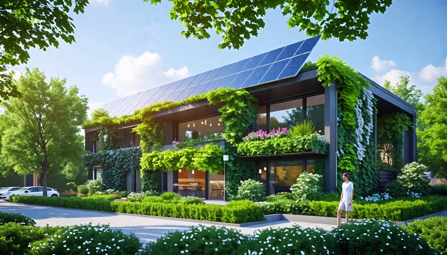 Sustainable building showcasing various green technologies and design elements