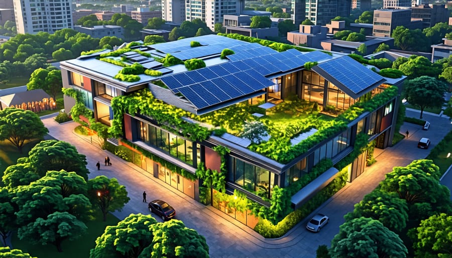 Conceptual illustration depicting a modernized building with solar panels and green roofs, representing energy-efficient retrofitting in an urban environment.