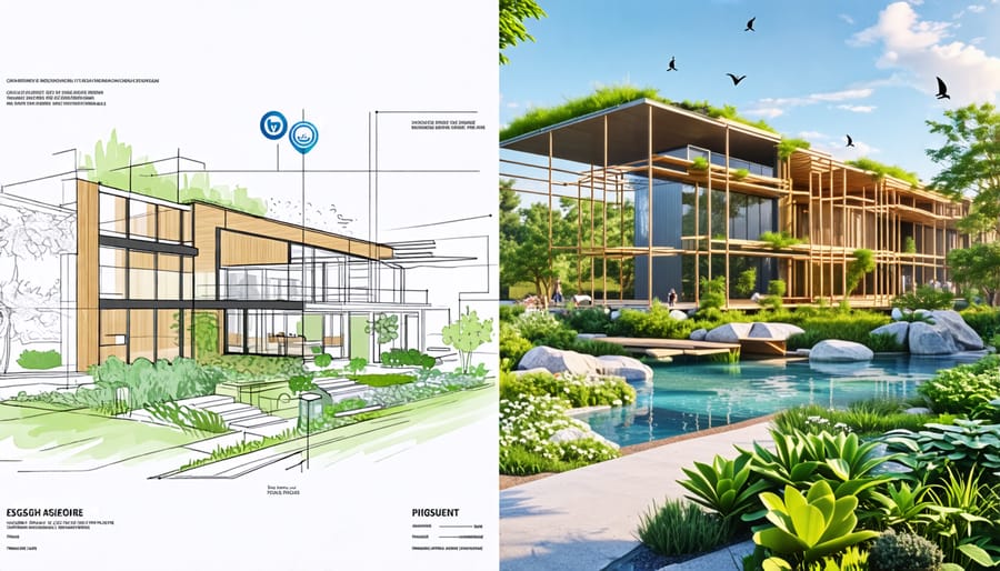 Architectural rendering of a modern eco-friendly building with green roofs, solar panels, and rainwater harvesting systems, surrounded by lush green landscaping and sustainable construction tools.