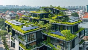 A futuristic cityscape featuring buildings with green roofs, solar panels, and eco-friendly construction materials, embodying sustainable construction innovations.