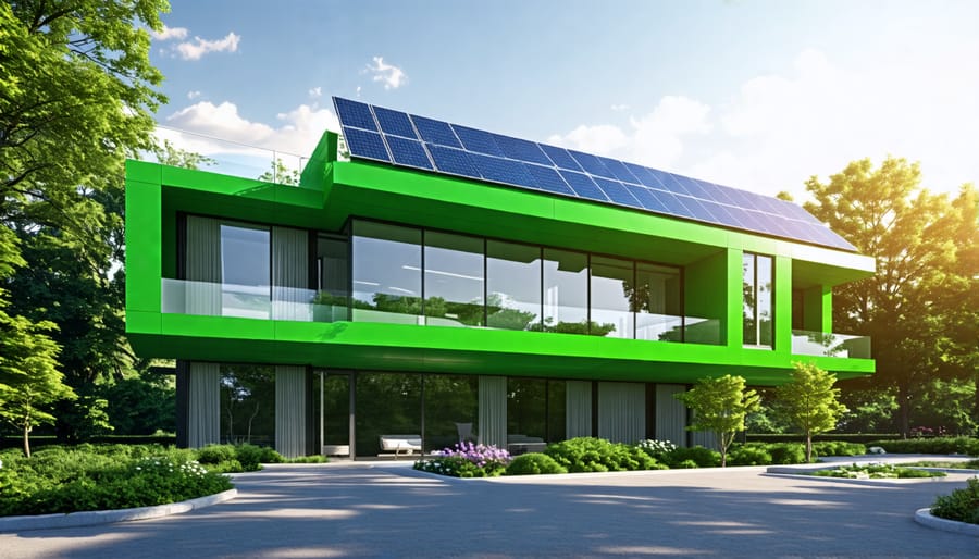 A sustainable building featuring solar panel roofing and energy-efficient architecture