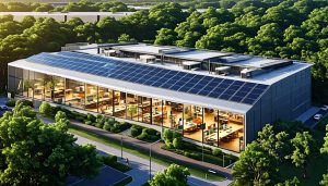 An innovative industrial building surrounded by green landscapes and equipped with solar panels, showcasing the integration of eco-friendly design, efficient structure, and comfortable workspaces.