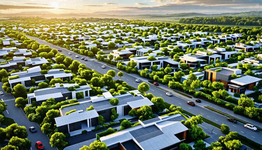 Aerial view of a sustainable and environmentally friendly smart home community