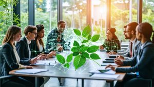 A group of business professionals sitting at a conference table, discussing sustainable supply chain strategies, with graphical elements representing environmental and social responsibility.