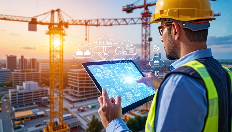 A construction professional examining digital blueprints on a tablet with a construction site in the background, symbolizing the integration of technology in construction projects.