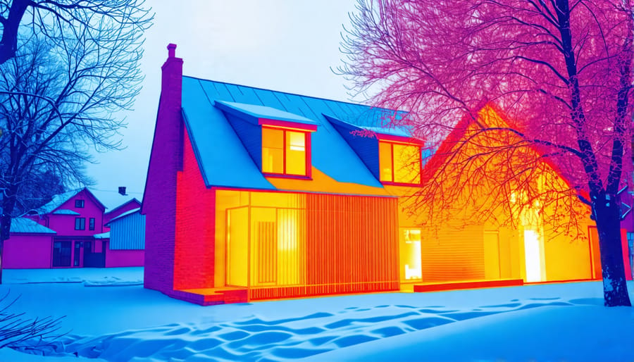 Thermal imaging reveals heat escaping from inefficient windows, doors, and poor insulation