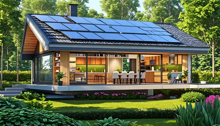 A futuristic energy-efficient home with solar panels, triple-pane windows, and a cutaway section showing insulation methods, surrounded by a lush green landscape.