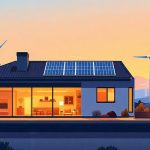 Illustration of a modern home featuring energy-efficient elements like solar panels, passive solar windows, and wind turbines, highlighting sustainable design concepts.