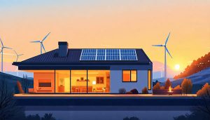 Illustration of a modern home featuring energy-efficient elements like solar panels, passive solar windows, and wind turbines, highlighting sustainable design concepts.