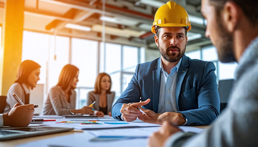 An underwriter engaged in conversation with various construction project stakeholders