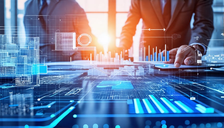 Conceptual image depicting the integration of data analytics in construction, with digital data streams flowing through building blueprints and architectural plans, symbolizing enhanced project management and decision-making.