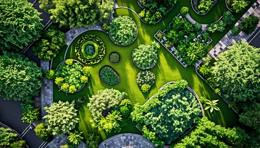 Bird's eye view of a city with various urban green spaces, highlighting green rooftops and parks