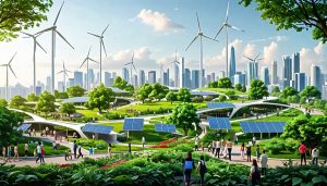 A conceptual depiction of a sustainable city featuring green infrastructure, renewable energy sources, and community engagement, symbolizing the harmony between environmental, economic, and social pillars.