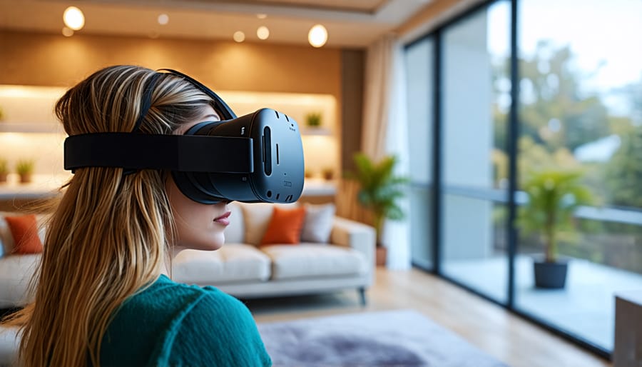 A person using virtual reality goggles to explore a digital real estate layout