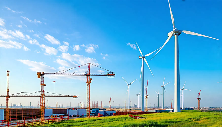 Wind turbines powering a construction project, demonstrating the use of renewable energy