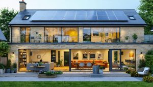 An illustration of a UK home retrofitted with solar panels, insulated walls, and energy-efficient windows, symbolizing sustainable renovation efforts.