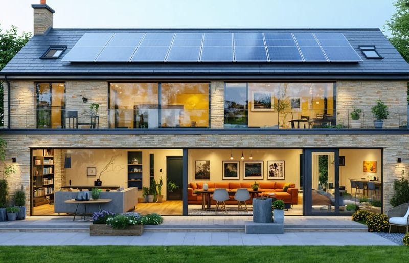 An illustration of a UK home retrofitted with solar panels, insulated walls, and energy-efficient windows, symbolizing sustainable renovation efforts.