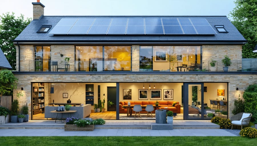 An illustration of a UK home retrofitted with solar panels, insulated walls, and energy-efficient windows, symbolizing sustainable renovation efforts.