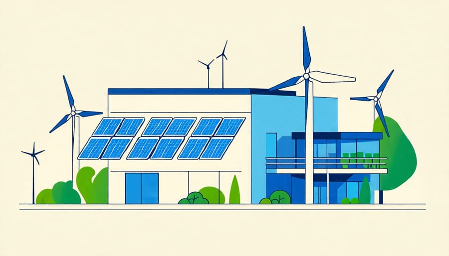 Illustration showing a zero energy building equipped with solar panels and wind turbines for energy generation