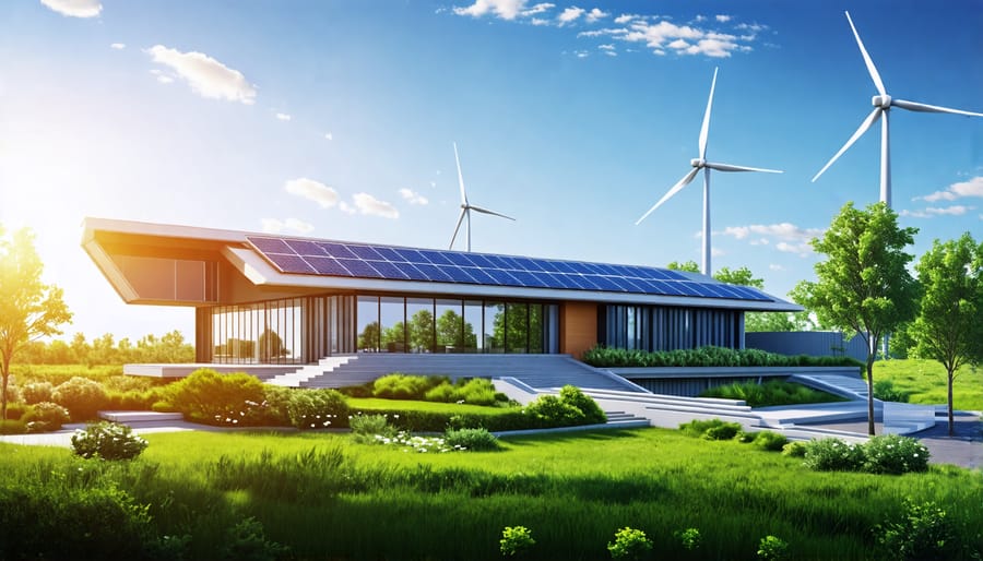 Conceptual illustration of a modern zero energy building equipped with solar panels and wind turbines, showcasing its integration of renewable energy for sustainable architecture.