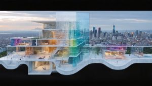 Artistic representation of futuristic construction featuring self-healing concrete, solar roof tiles, and 3D-printed components against a modern city skyline.