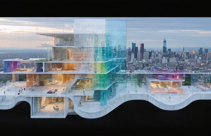 Artistic representation of futuristic construction featuring self-healing concrete, solar roof tiles, and 3D-printed components against a modern city skyline.