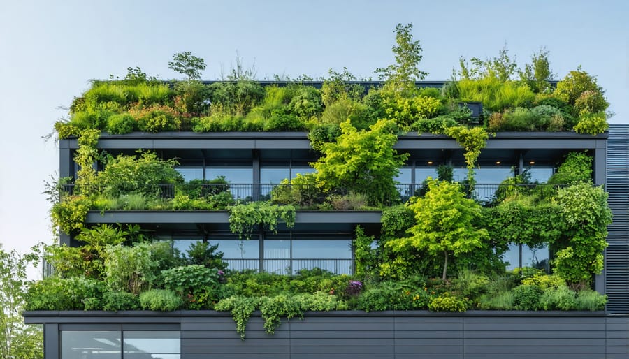 Aerial view of a green roof with vegetation on top of a contemporary building