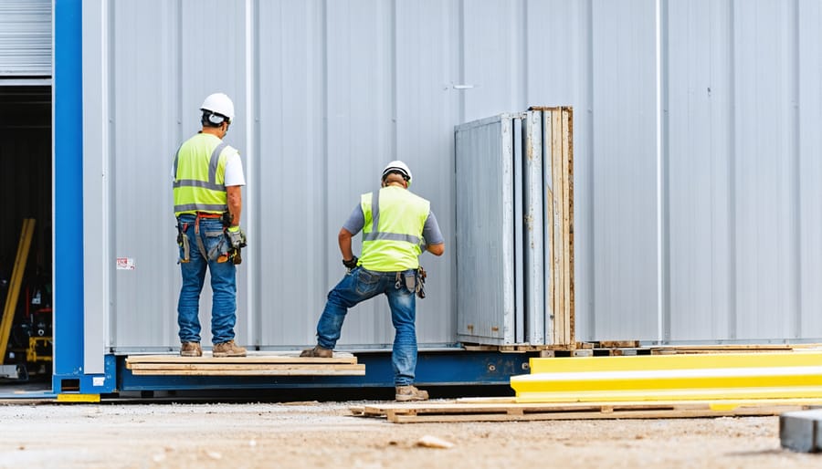 Construction workers connecting prefabricated modular building sections on site