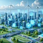 Conceptual illustration of a smart city powered by a smart grid, featuring interconnected smart meters, sensors, and renewable energy sources like solar panels and wind turbines.