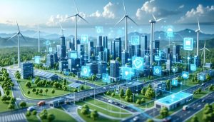 Conceptual illustration of a smart city powered by a smart grid, featuring interconnected smart meters, sensors, and renewable energy sources like solar panels and wind turbines.