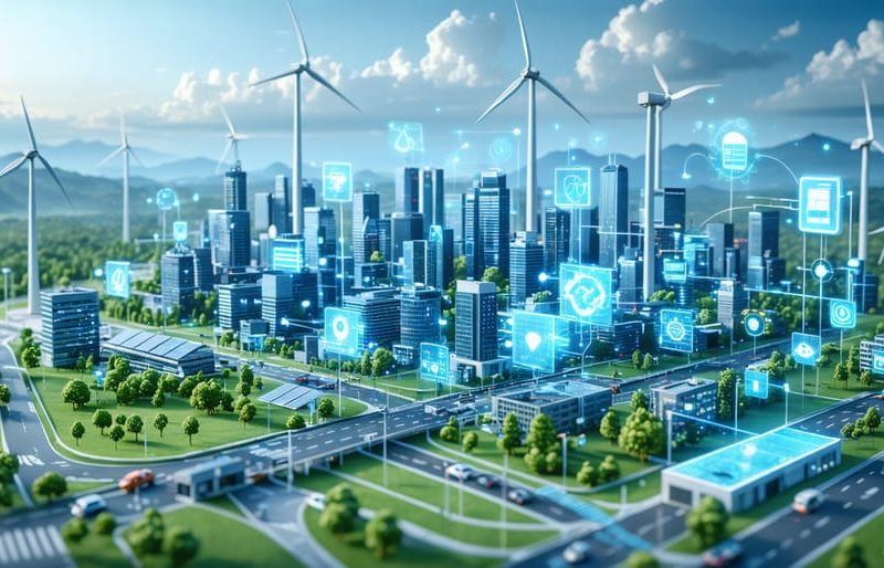 Conceptual illustration of a smart city powered by a smart grid, featuring interconnected smart meters, sensors, and renewable energy sources like solar panels and wind turbines.