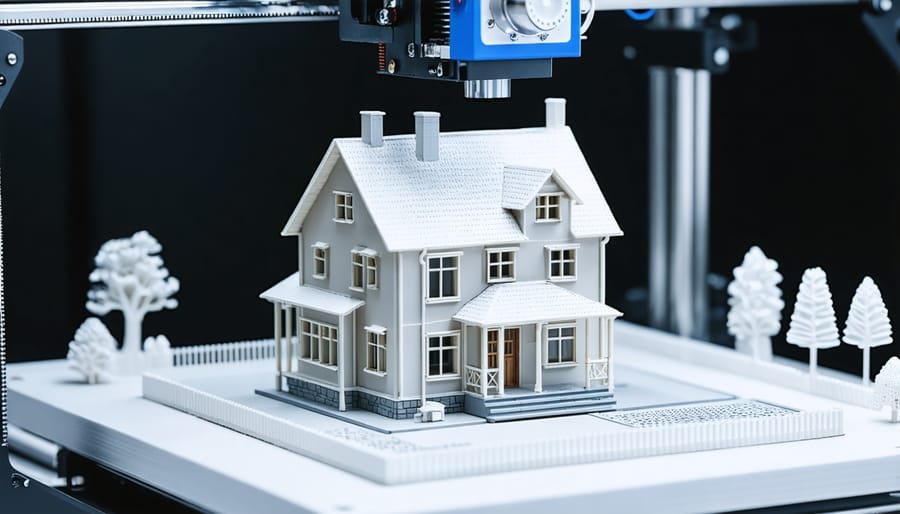 3D printer creating a detailed model of a residential building