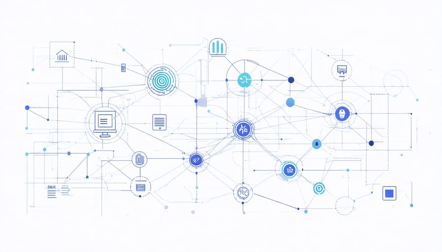 Digital network visualization showing AI-powered supplier selection process with connecting data points and analytics