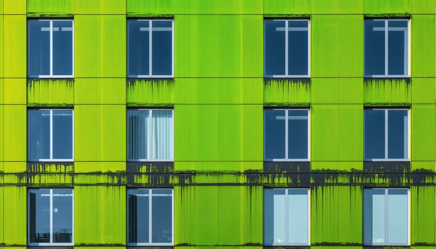 Building with bright green algae facade for renewable energy