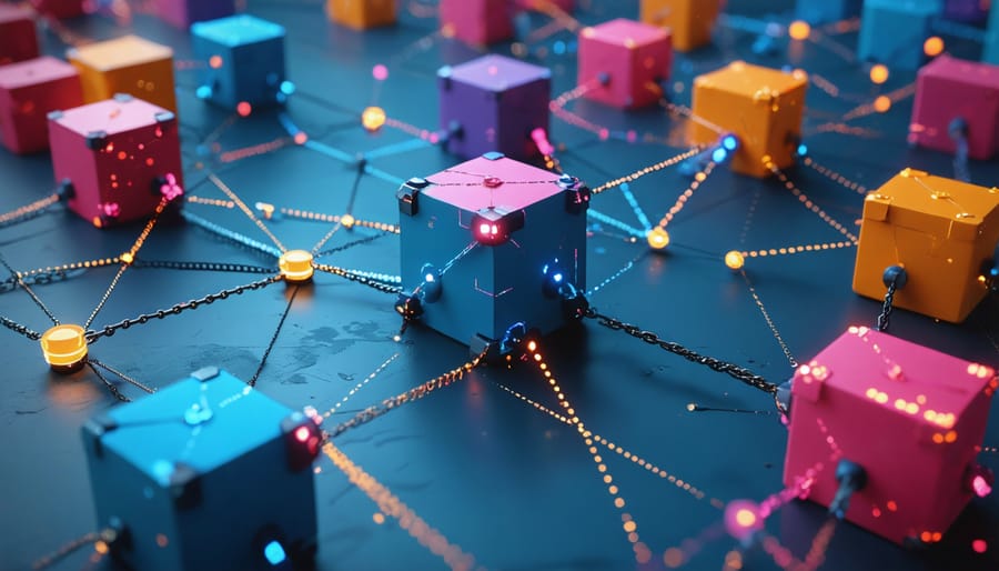 Abstract representation of blockchain technology using interconnected blocks and chains