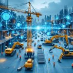 Futuristic depiction of blockchain technology intertwined with a construction site, illustrating the revolution in transparency, efficiency, and trust.